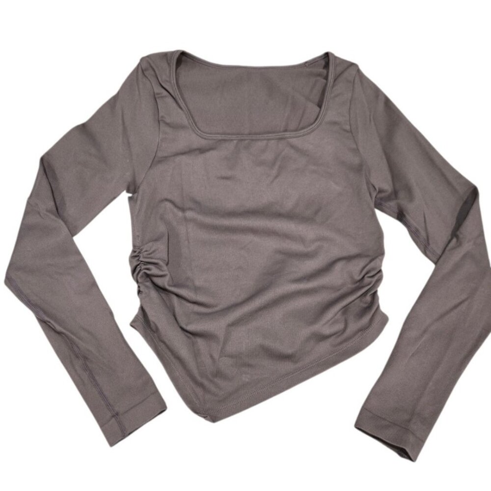 OQQ Long Sleeve Crop Top Square Neck Ruched Side Brown Knit Size Small